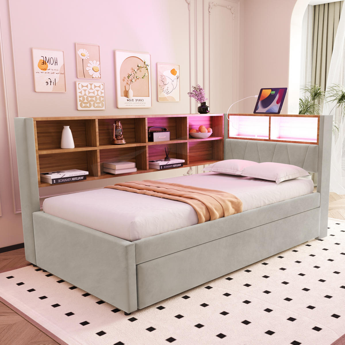 POLSTERBETT aus Flanell 90x200 cm Hellgrau mit Ausziehbett, LED, USB-C, Steckdose und Stauraum - Hellgrau, Textil (90/200cm) - Modfu