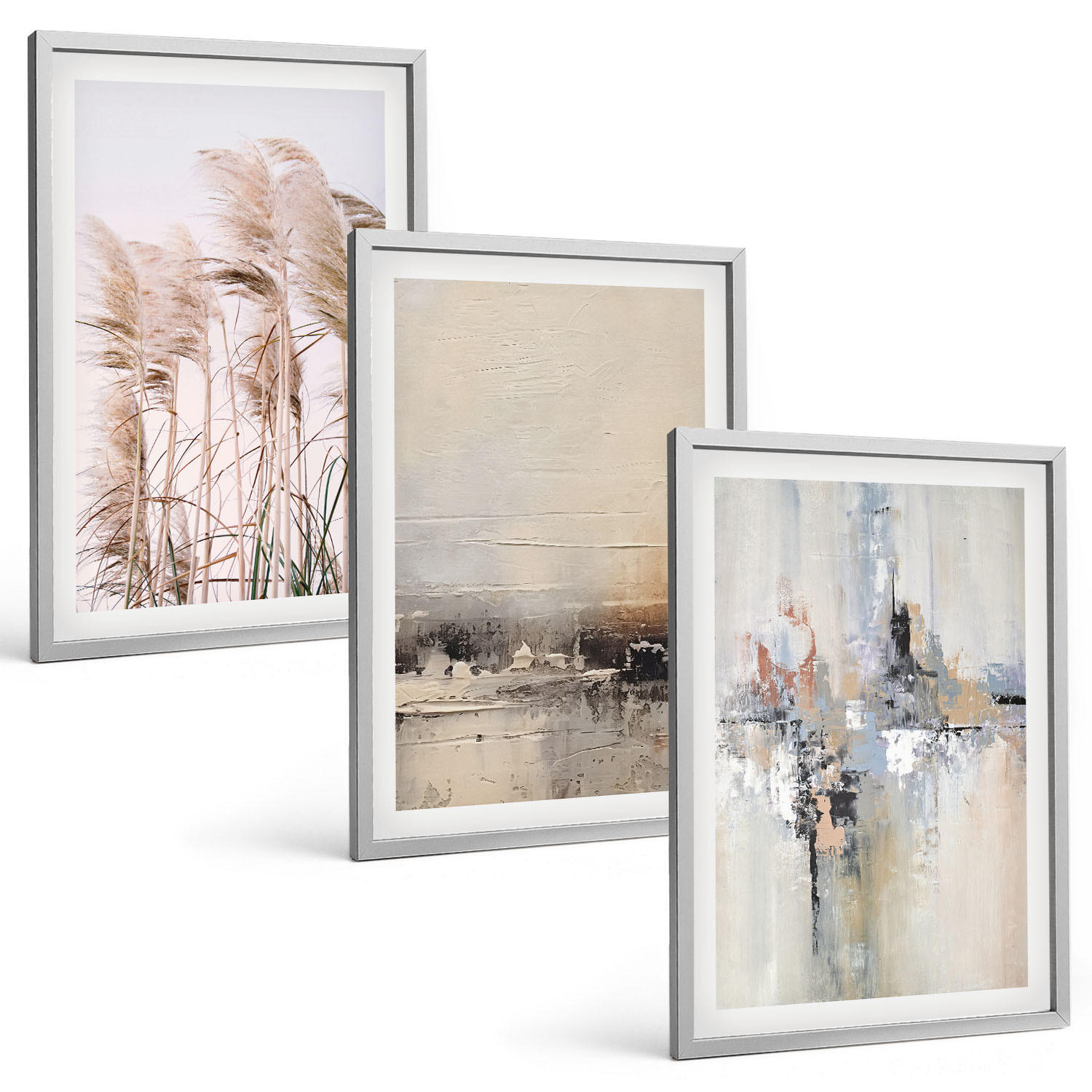 BILDER SET 3er Set - 40x60 cm Silberner Rahmen - Abstrakte Vegetationsmuster - Silberfarben, Kunststoff (40/60cm) - TULUP