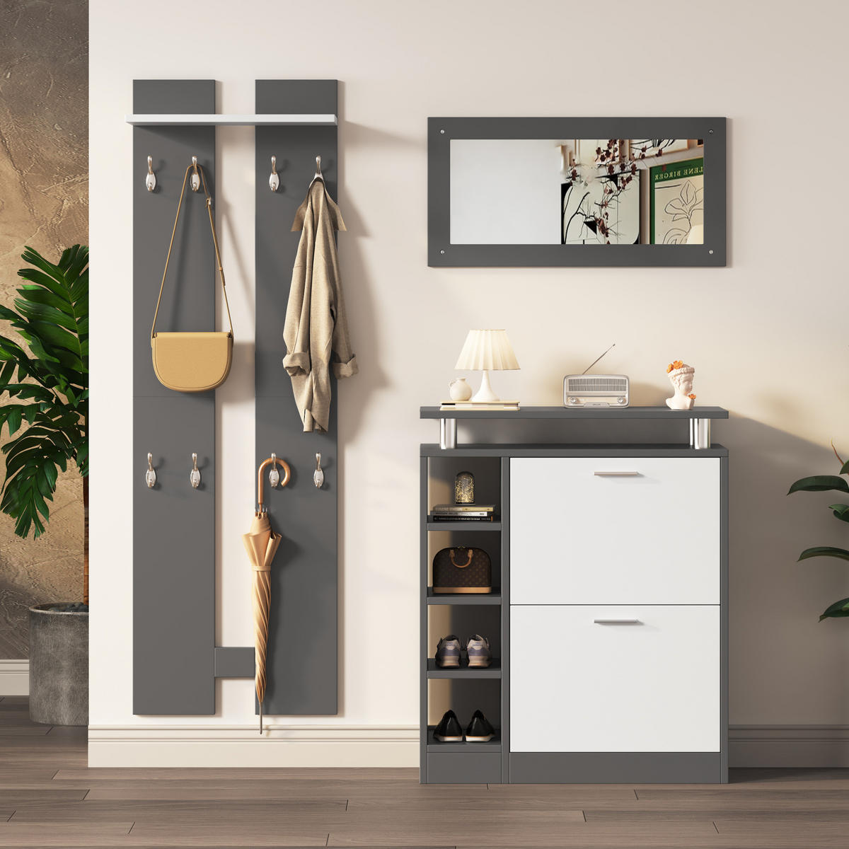 GARDEROBE 80/25/96,5 cm Grau aus Spanplatte mit Spiegel 5er Set - Weiß, Holzwerkstoff (80/96/25cm) - OKMYHOME