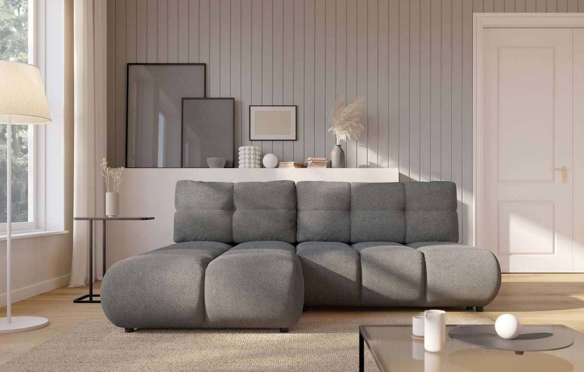 ECKSOFA CORSO L-S Grau Boucle-Stoff mit Schlaffunktion - Grau, Holz (230/177cm) - MASSENO