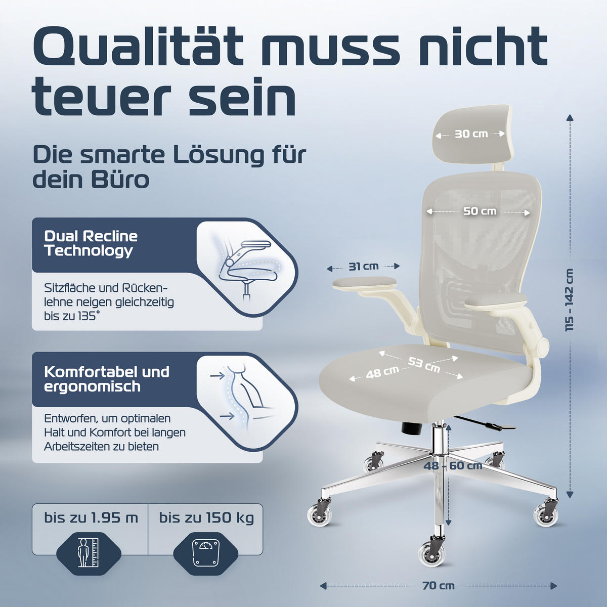 BÜROSTUHL SmartSeat Creme-Weiß - Beige/Silberfarben, Kunststoff/Textil (70/142/70cm) - Clouvou
