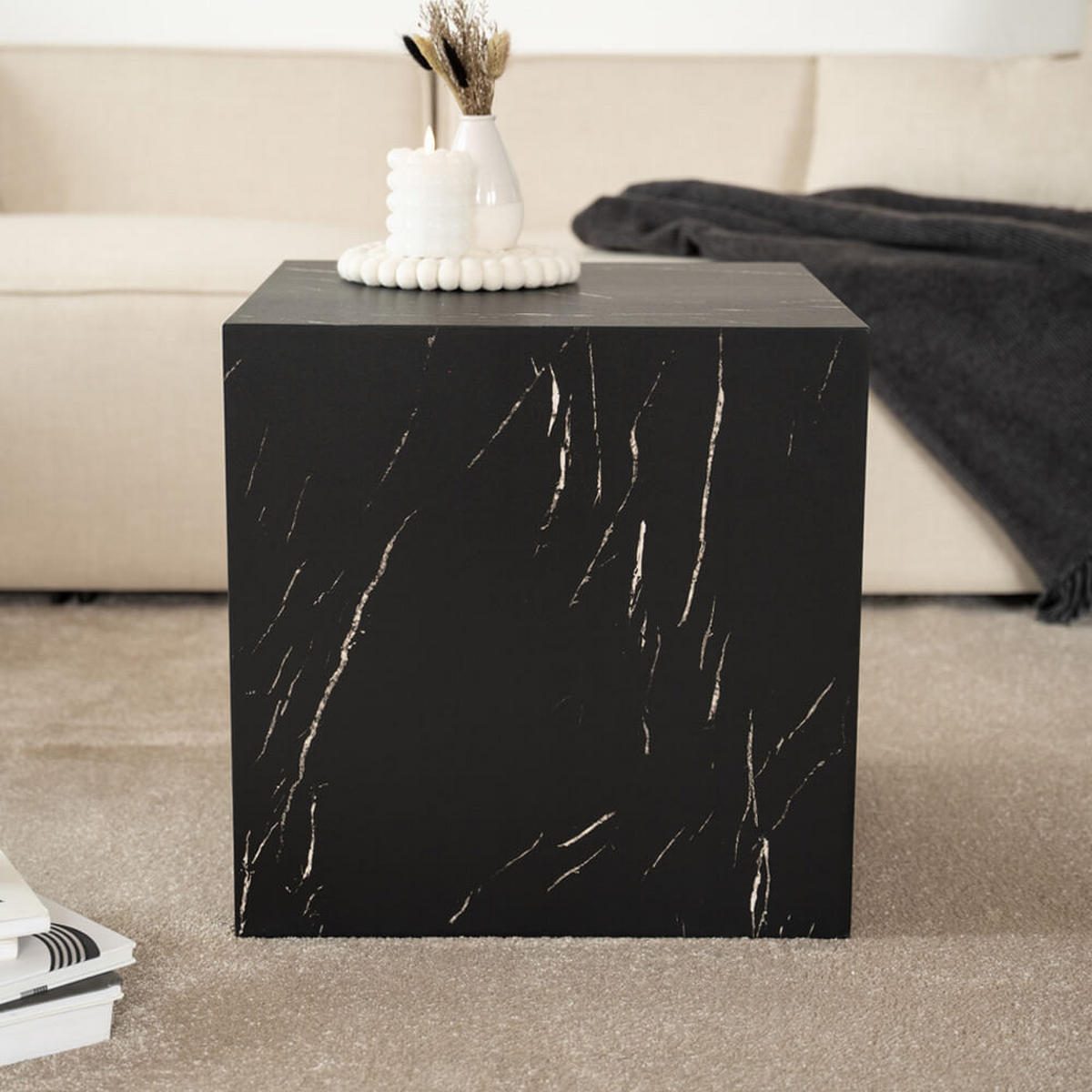 COUCHTISCH Marmor AMIRI M - 50 x 50 cm Schwarz - Schwarz, Holzwerkstoff/Textil (50/50/50cm) - Home Deluxe