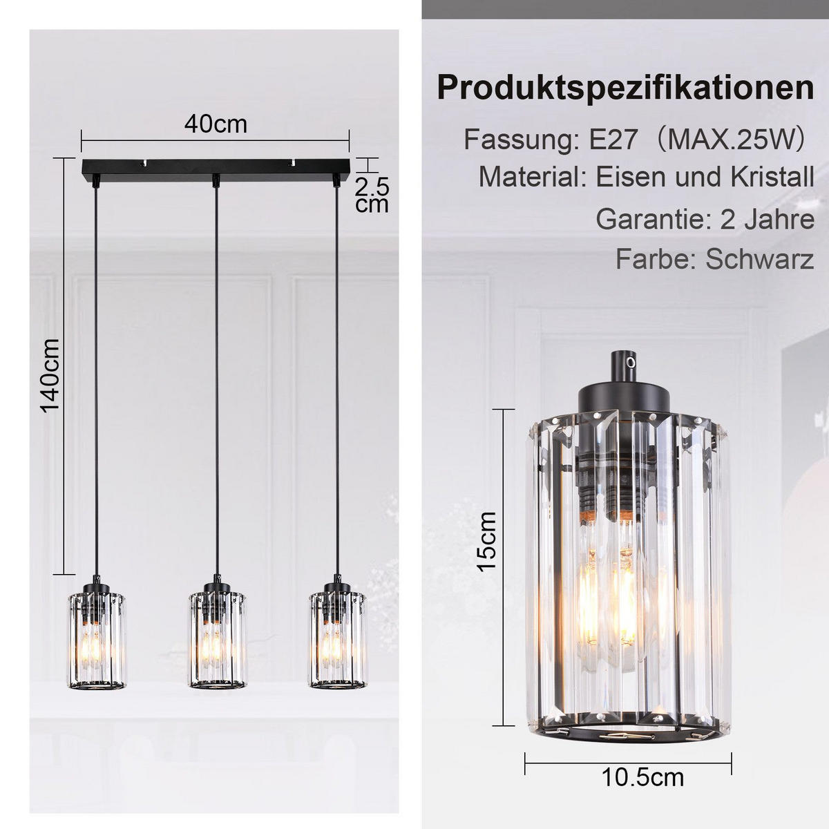 HÄNGELEUCHTE Marr 40/5/140 cm - Schwarz, Metall (5/40/140cm) - Nettlife
