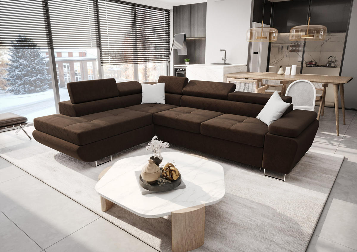 ECKSOFA KONGO RBN04, Eckcouch in L-Form mit Schlaffunktion, Farbe: Dunkelbraun, Velourstoff, Ottomane Links - Dunkelbraun, Textil (272/200cm) - O-Sofa