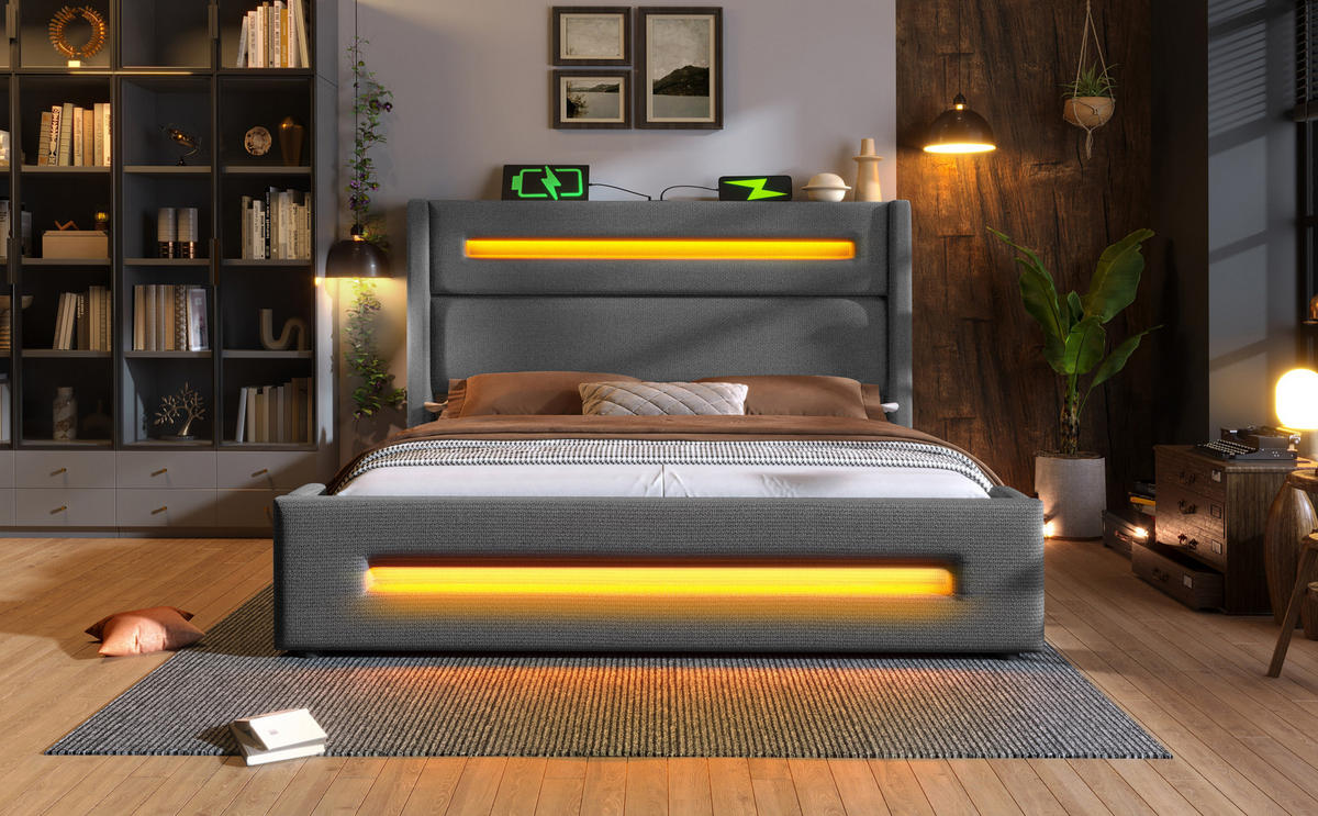 POLSTERBETT 160x200cm mit LED Beleuchtung und Stauraum - Grau, Holzwerkstoff/Textil - Urban Meuble