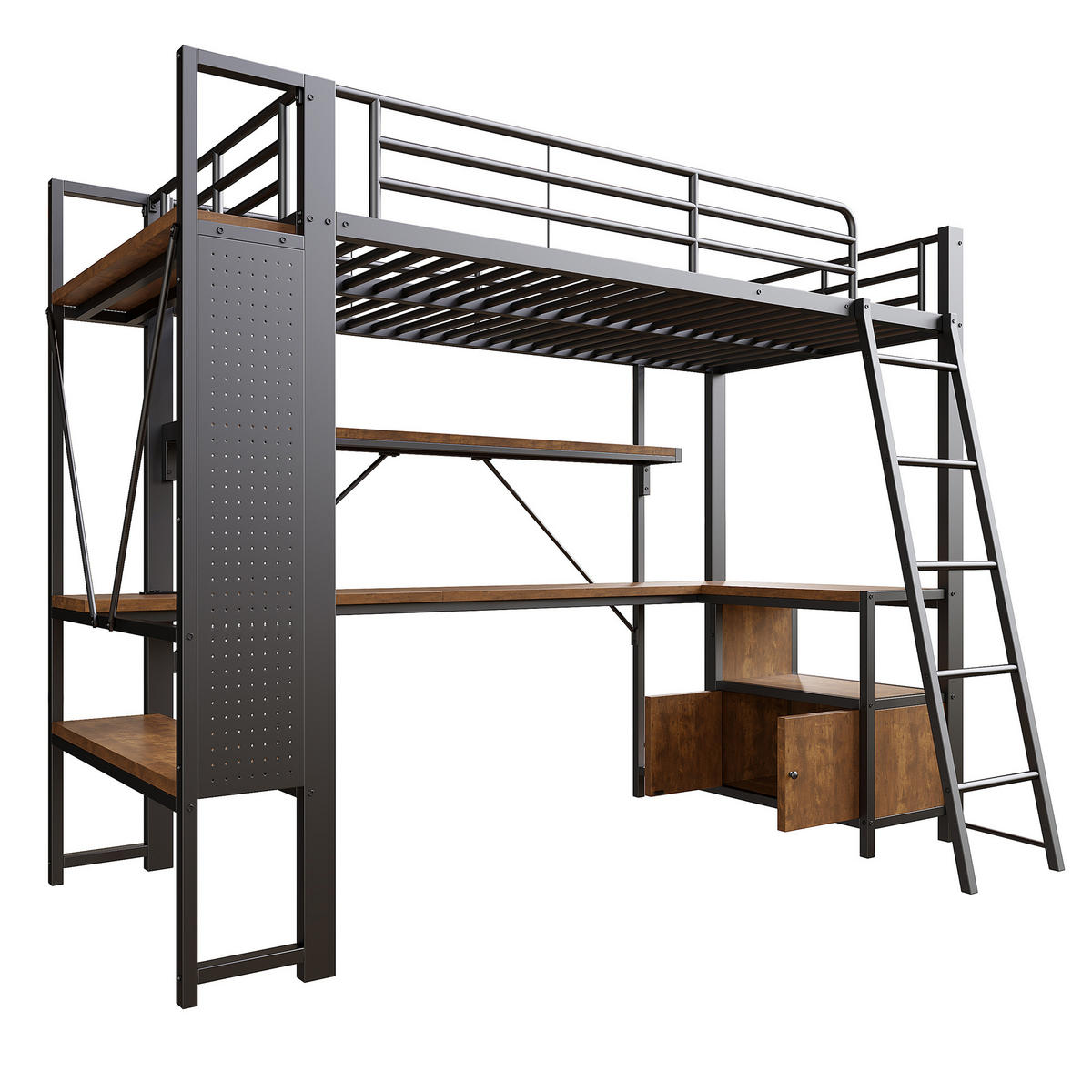 HOCHBETT 90/200 cm in Schwarz mit Schreibtisch, Regalen, Lochwand, LED und USB im modernen Design - Schwarz, Holzwerkstoff/Metall (90/200cm) - STILVORA