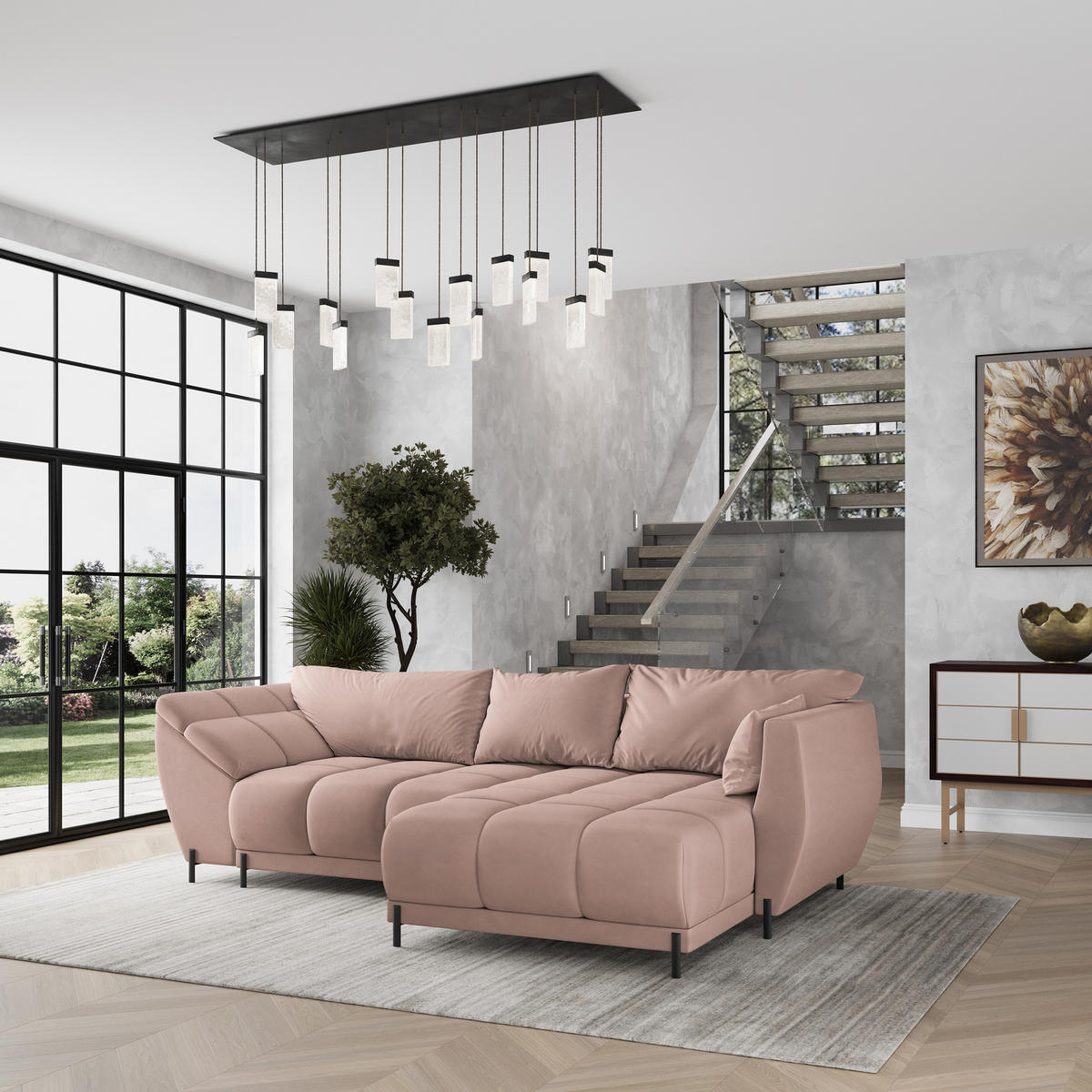 ECKSOFA VESTANO R-S Rosa Velours-Stoff mit Schlaffunktion - Rosa, Holz (287/182cm) - MASSENO