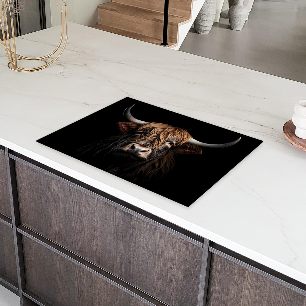 HERDABDECKPLATTE Schottischer Highlander - Porträt - Schwarz - Tier Herdabdeckung Induktionsfeld 75x52 cm - Braun, Kunststoff (75/52/0.2cm) - MuchoWow