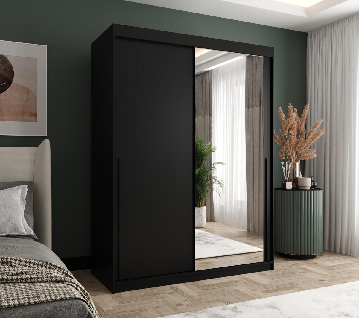 SCHIEBETÜRENSCHRANK mit Spiegel 150 cm Breite, schwarz mit schwarzem Griff - Schwarz, Holzwerkstoff (250/200/62cm) - Home Collective