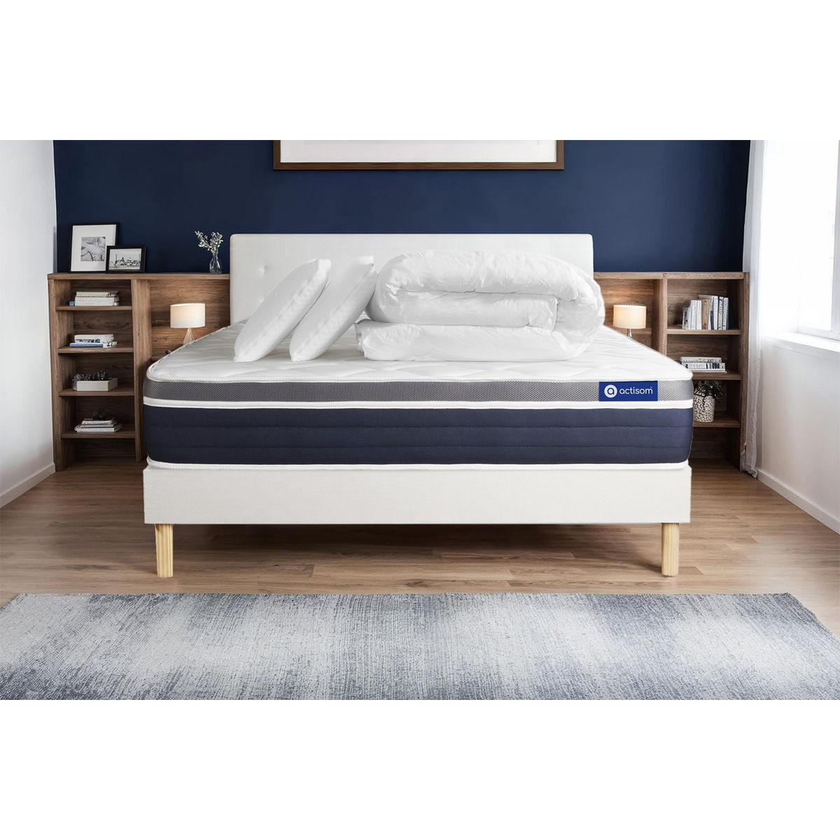 BETT Actilatex confort Latex und Memory-Schaum 200 x 200 cm h2 - Kit Bettgestell Weiß - Mit Kissen und Bettdecke - Beige/Weiß, Karton/Holz (200/200cm) - ACTISOM