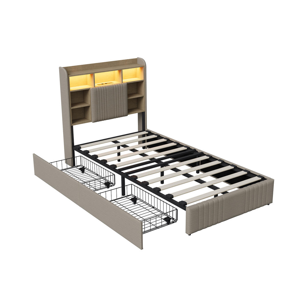 POLSTERBETT 90x200 cm LED USB 2 Schubladen Stauraum Kopfteil Leinen beige - Beige, Holz (90/200cm) - LEBENLANG