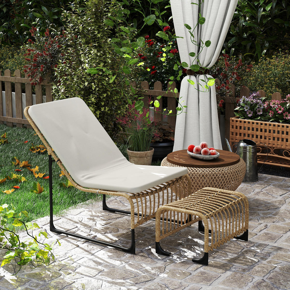 RELAXSESSEL mit Fußhocker UV-beständig Gartensessel mit Kissen Bänder - Creme, Metall (65/80/93cm) - Outsunny