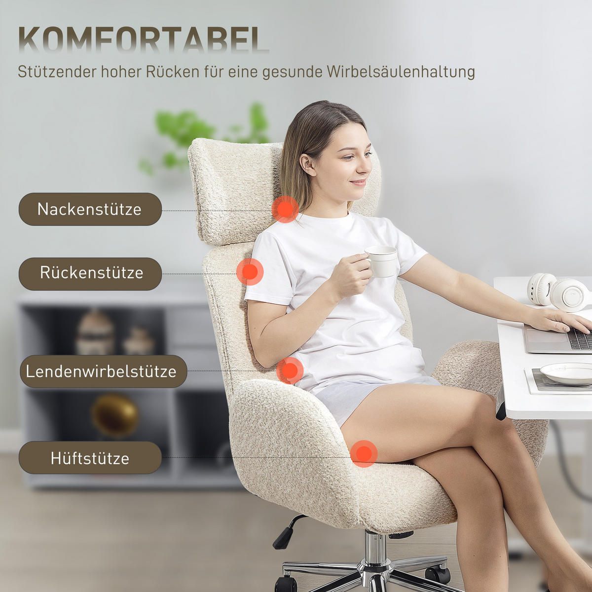 SCHREIBTISCHSTUHL Höhenverstellbar Homeoffice Stuhl mit Armlehne, Grauweiß - Silberfarben/Hellgrau, Textil/Metall (65/123/75cm) - HOMCOM