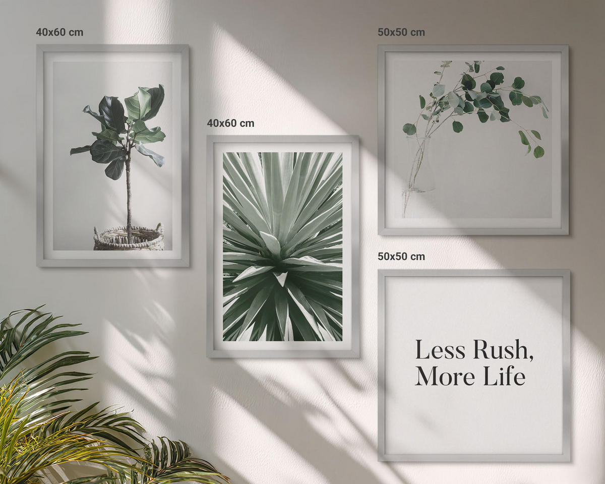 WANDBILDER 4er Set - 50x50 cm & 40x60 cm Silberner Rahmen - Minimalismus mit grünen Pflanzen - Silberfarben, Kunststoff (50/50cm) - ArtPrintCave