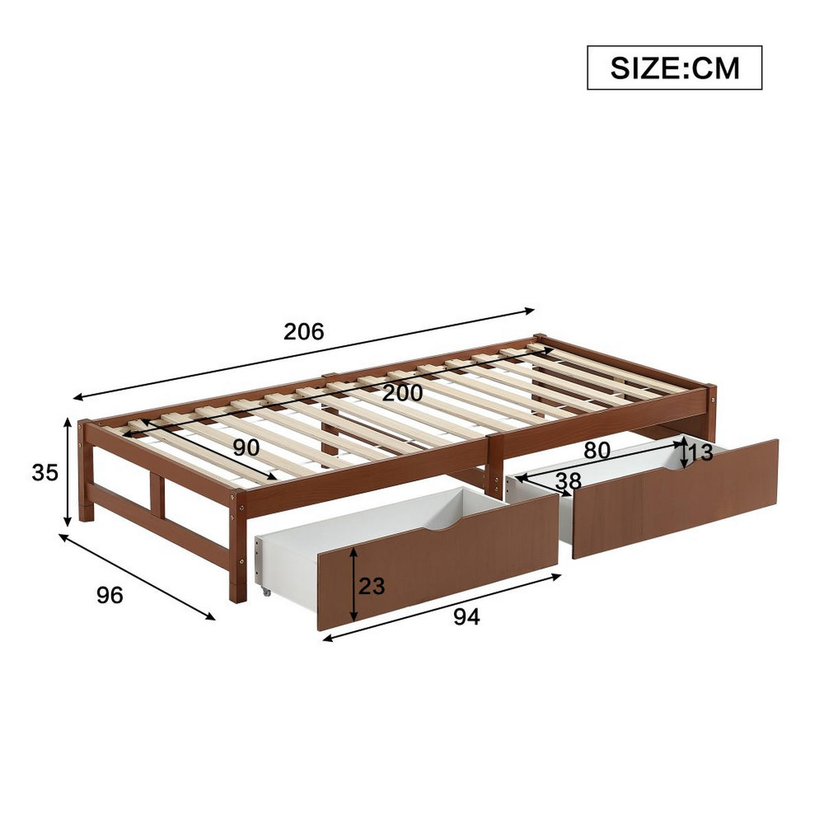 FLACHBETTEN 90x200cm in Rotbraun，Schubladen mit Rollen - Rotbraun, Holz (90/200cm) - KOMHTOM