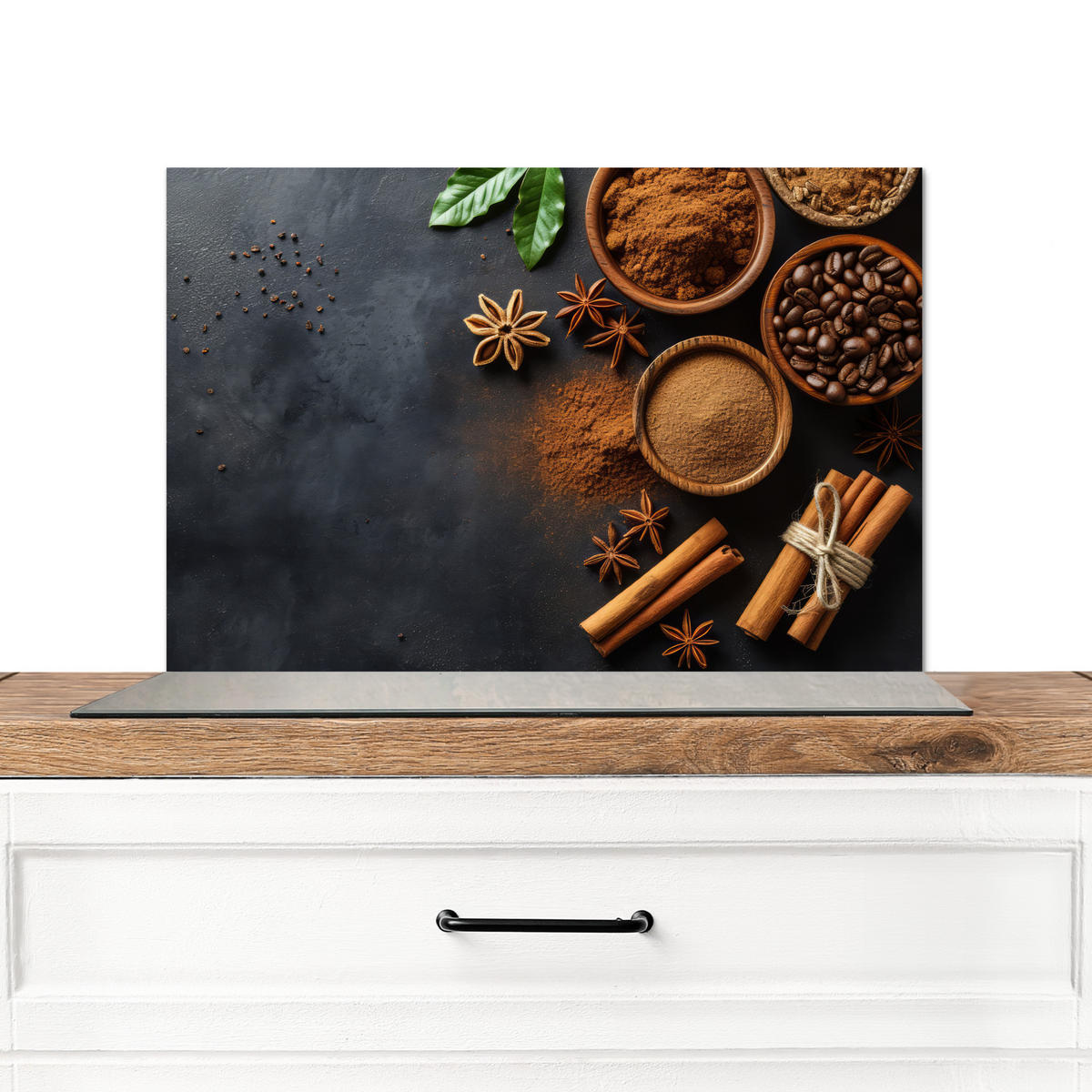 SPRITZSCHUTZ KÜCHE Zimt - Beton - Kaffee - Zimtstangen - Gewürze 60x40 cm - Mokka, Metall (60/0.3/40cm) - MuchoWow