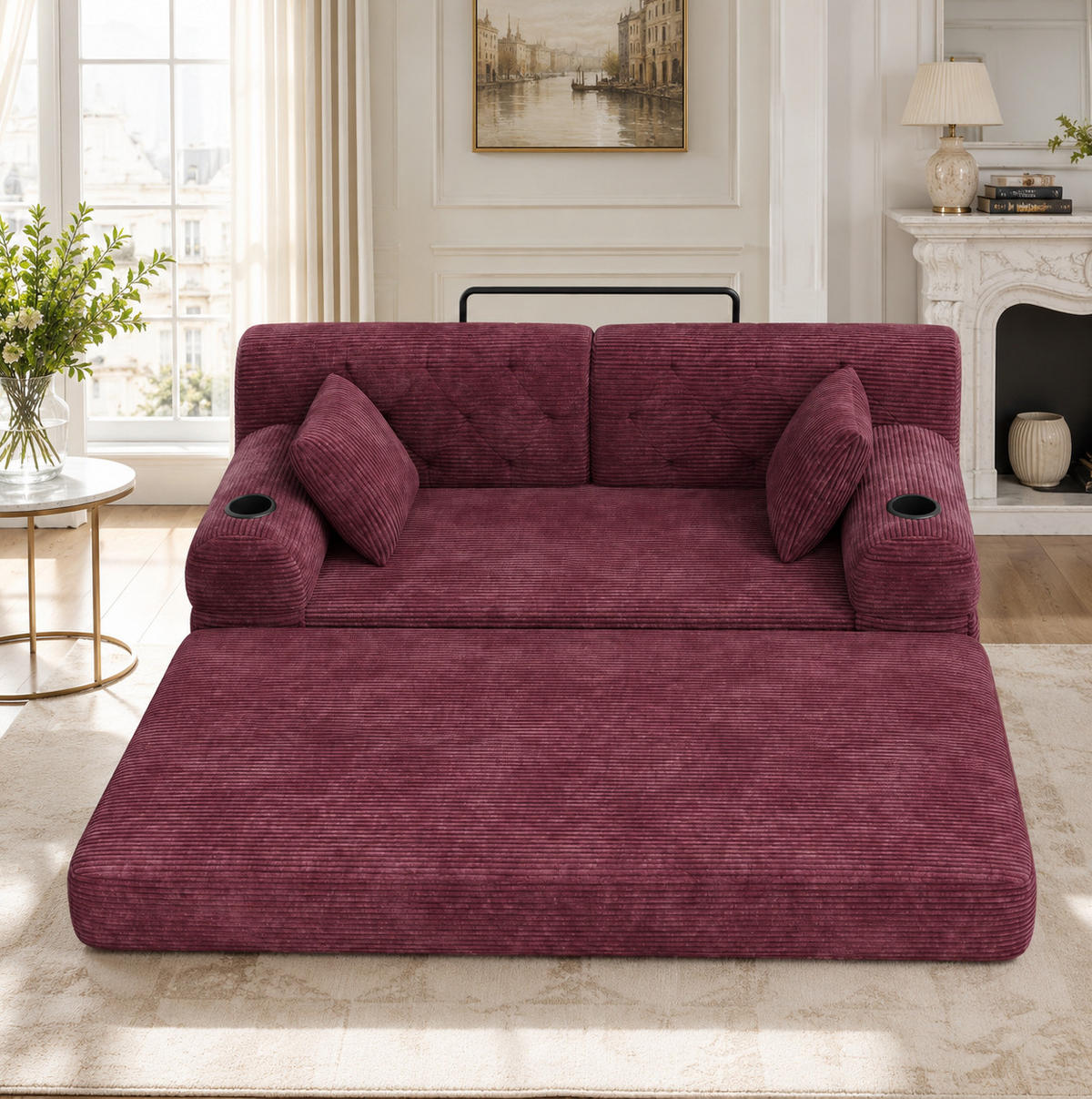 SOFA mit Schlaffunktion, hohe Rückenlehne, 168 x 80 x 81 cm, Cord, Wine Red - Rot, Kunststoff (80/81/168cm) - Meubliv