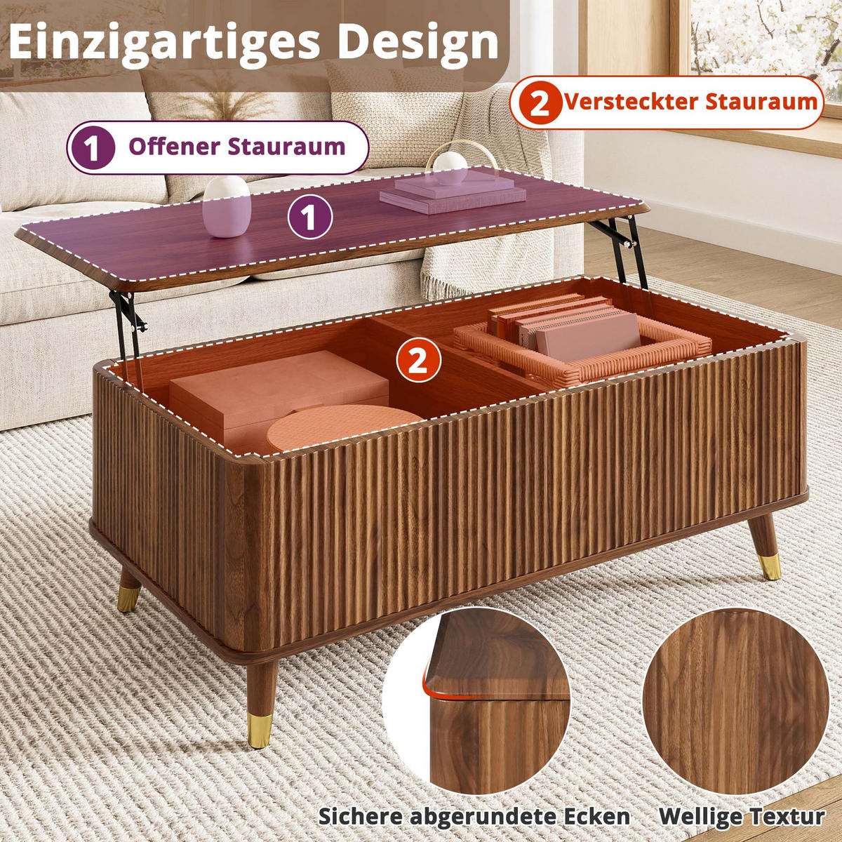 COUCHTISCH Retro Walnuss höhenverstellbar Wellen modern - Walnussfarben, Holzwerkstoff (97/52/56.5cm) - FLIEKS