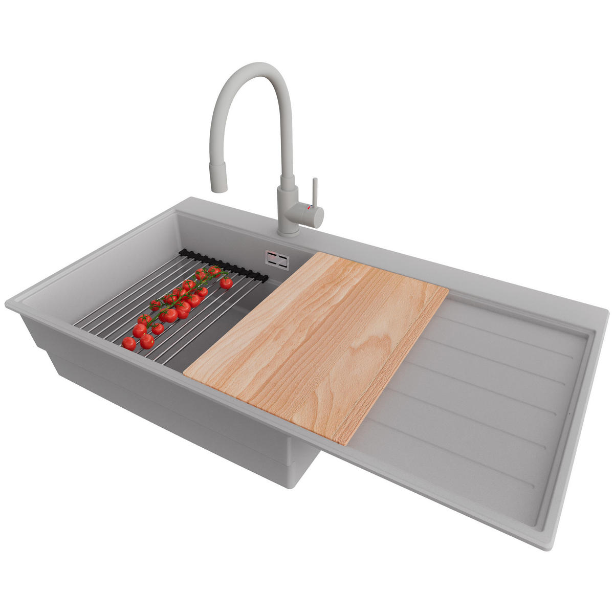 GRANITSPÜLE Sydney, 2-er set Grau 90/50 cm 1 Becken + Küchenarmatur 38/14 cm + Ablauf-Set + Küchenzubehörset ab 60er Unterschrank - Chromfarben/Beige, Kunststoff (90/20/50cm) - Primagran