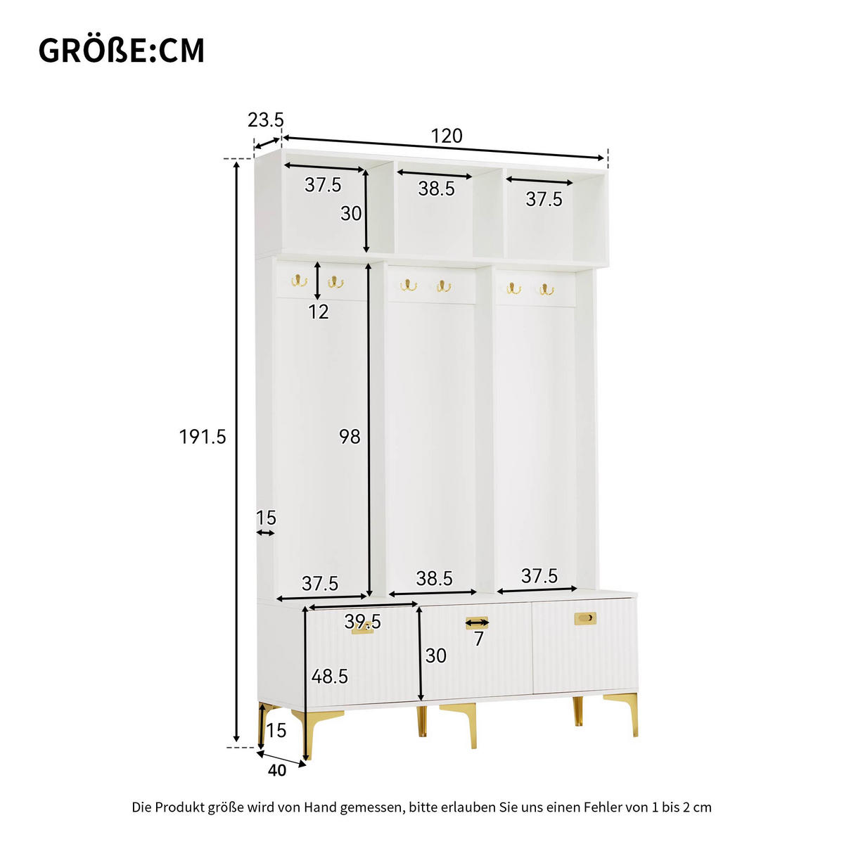 GARDEROBE mit Sitzbank, Spanplatte mit goldfarbenen Details, 120/23,5/191,5 cm, Weiß - Weiß, Holzwerkstoff (40/191/120cm) - Redom