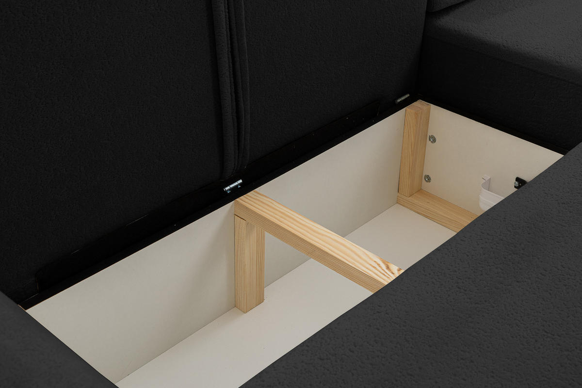 ECKSOFA Dream in L-Form mit Schlaffunktion und Bettkasten, Farbe: Schwarz, Bouclé-Stoff, Ottomane Rechts - Schwarz, Textil (260/136cm) - VENASI MÖBEL