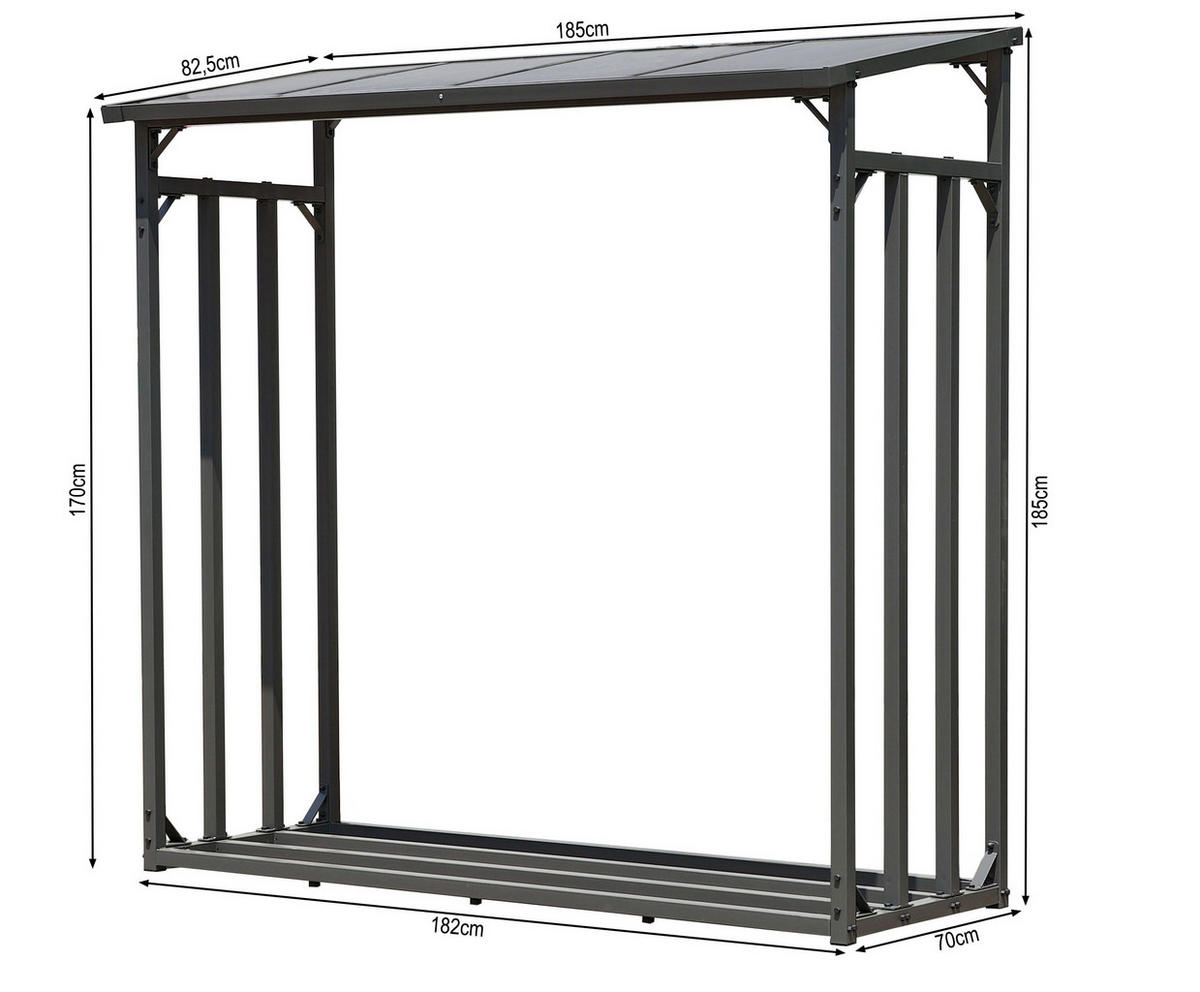 KAMINHOLZREGAL Außen 185x70x185 cm Metall Anthrazit mit Wetterschutz 2,3 m³ / 3,5 SRM - Anthrazit/Schwarz, Metall (185/185/70cm) - QUICK STAR