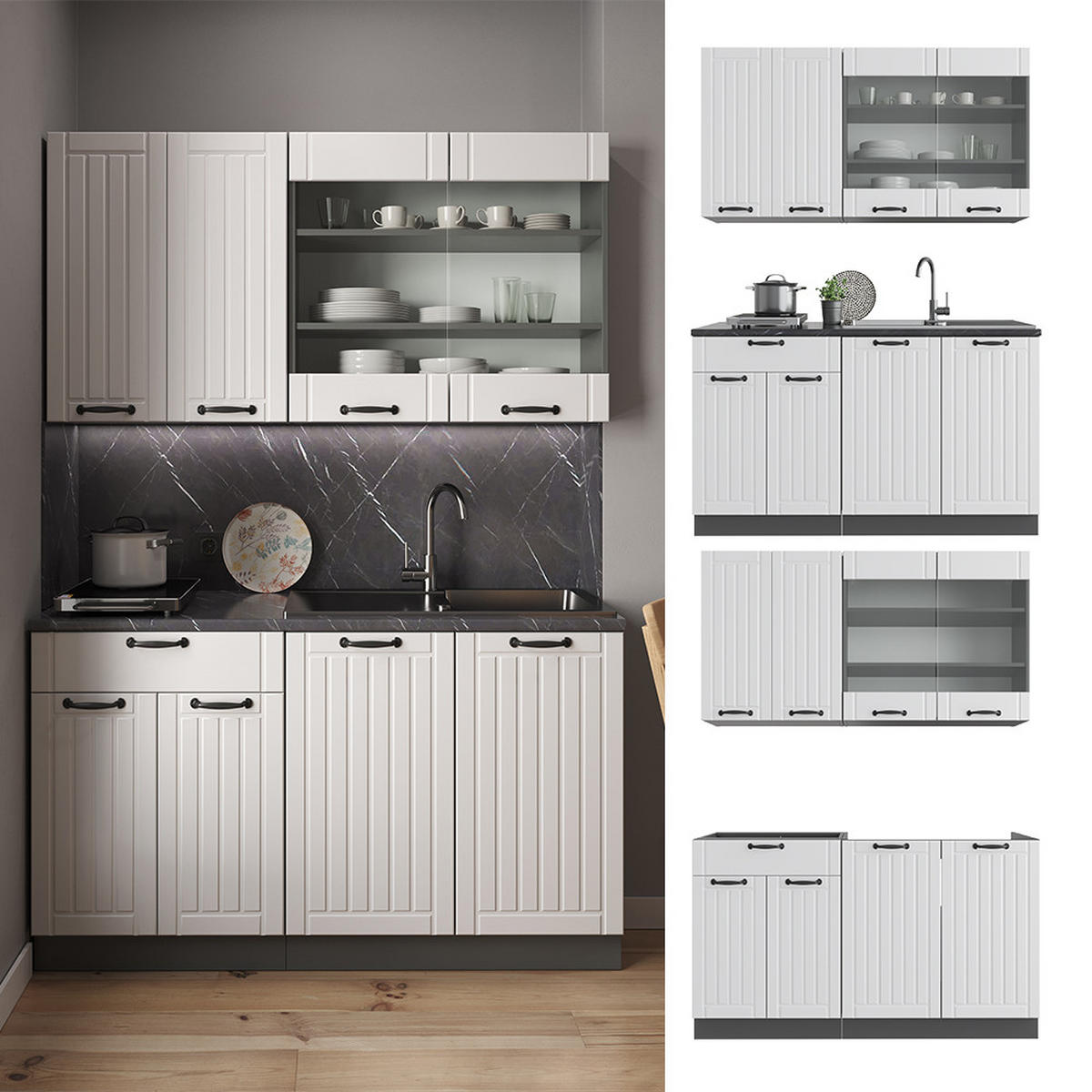 SINGLEKÜCHE Fame-Line Weiß Landhaus/Anthrazit 140 cm, AP Eiche - Anthrazit/Creme, Holzwerkstoff (140/81.6/60cm) - Vicco