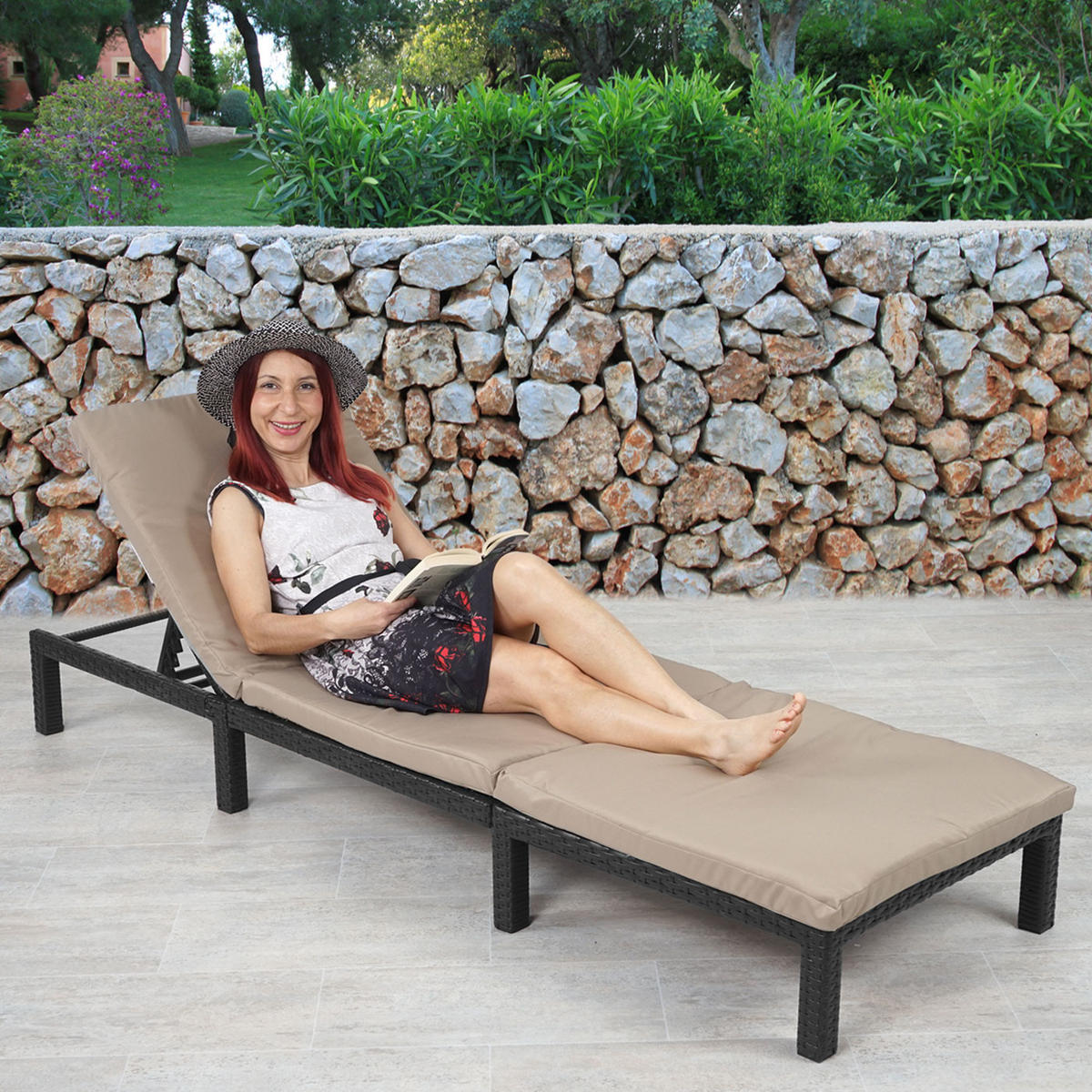 POLY-RATTAN SONNENLIEGE BASIC Anthrazit, Cremeweiß - Anthrazit/Weiß, Kunststoff (60/71/198cm) - MCW