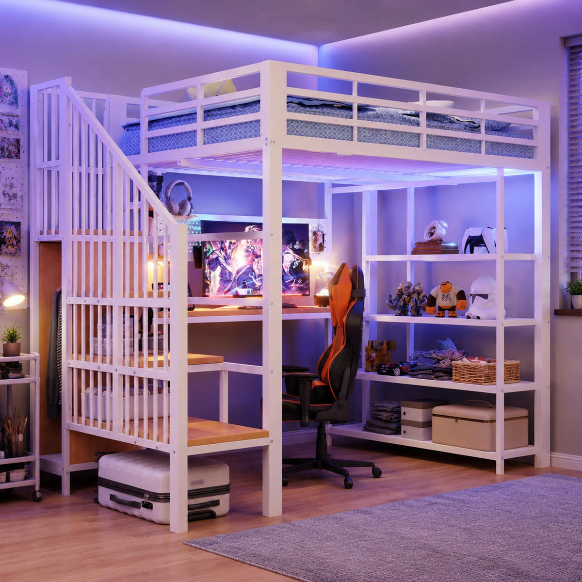 HOCHBETT 140/200 mit Schreibtisch, LED, Steckdosen und Treppenstauraum in Weiß - Weiß, Holzwerkstoff/Metall (140/200cm) - EVRYAE
