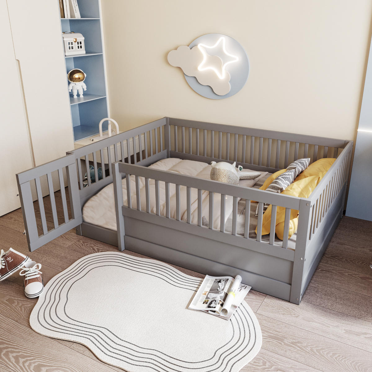 GITTERBETT 140/200 cm grau aus Massivholz mit Tür und Rundumgitter - Grau, Holz (140/200cm) - OKWISH