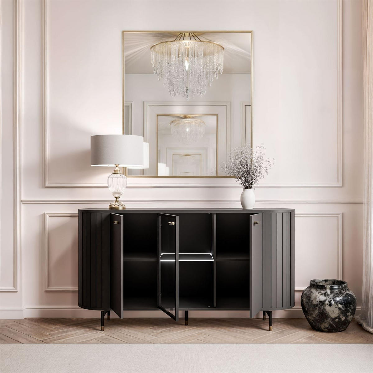 SIDEBOARD ELODIE 3T mit LED-Beleuchtung Schwarz - Schwarz, Holzwerkstoff (150/81/40cm) - Lookway