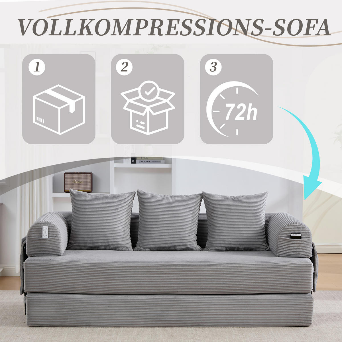 SCHLAFSOFA 200/94/67 cm Hellgrau mit Seitentaschen plus und 3 Kissen - Hellgrau, Textil (200/67/94cm) - Oxeza