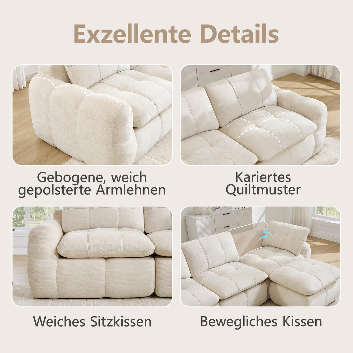 2-SITZER-SOFA DE-34464 quadratische Tuftung und 32D-Schaum Beige - Beige, Textil (97/68/194cm) - ComfortXL