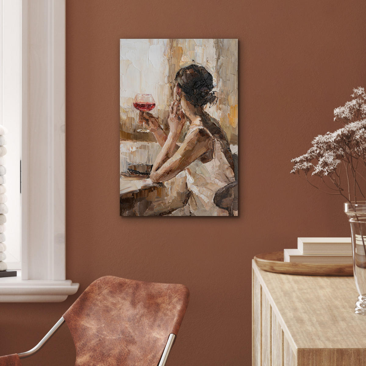 METALLBILD Ölgemälde - Frau - Wein 40x60 cm - Hellbraun, Metall (40/60cm) - MuchoWow