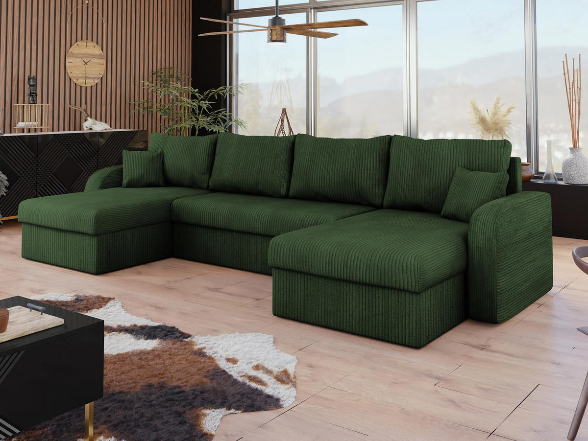 ECKSOFA Kris U Cord - Schwarz/Grün, Holz/Kunststoff (304/80/140cm) - MIRJAN24