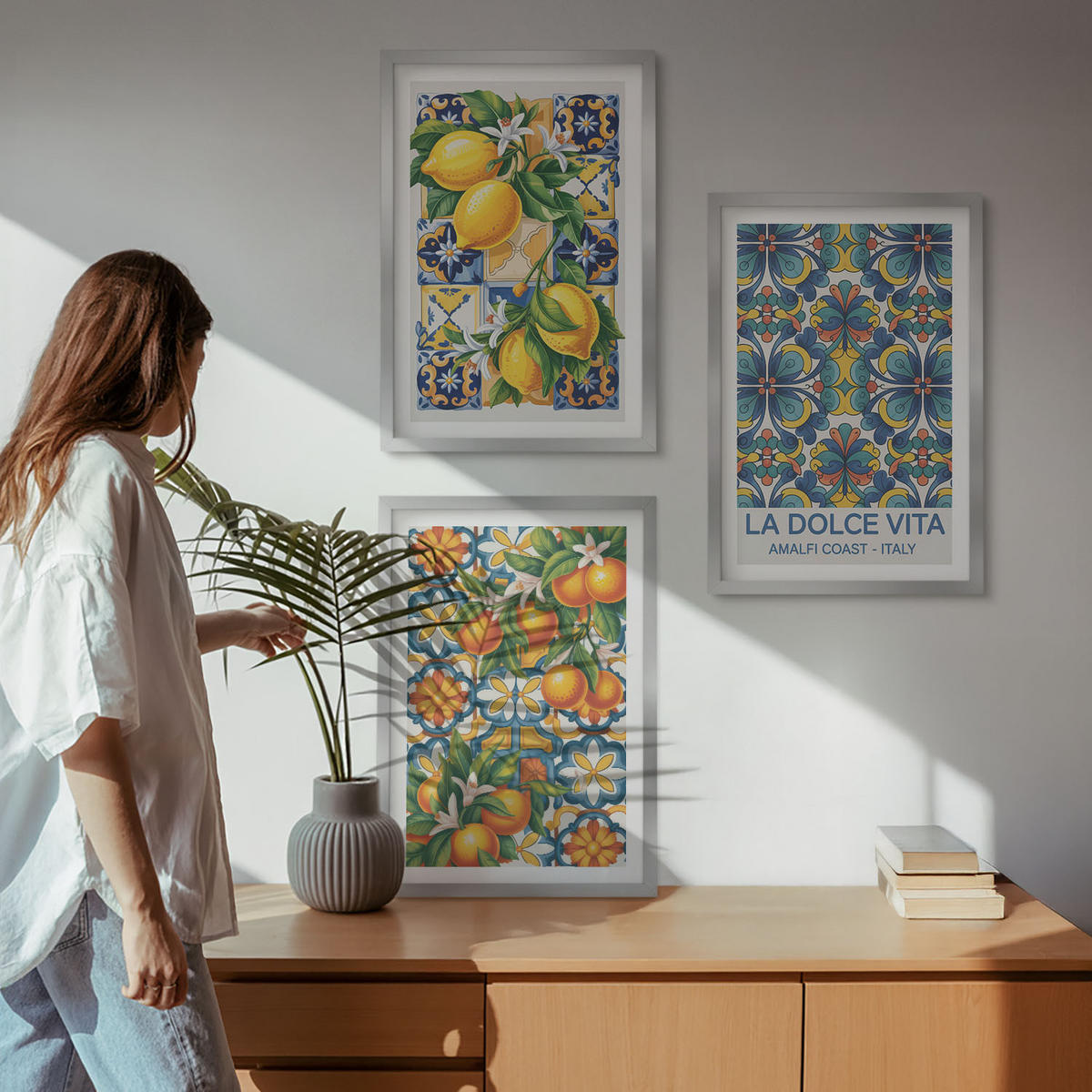 BILDER SET 3er Set - 40x60 cm Silberner Rahmen - Zitronen-Orangenblütenmuster - Silberfarben, Kunststoff (40/60cm) - TULUP