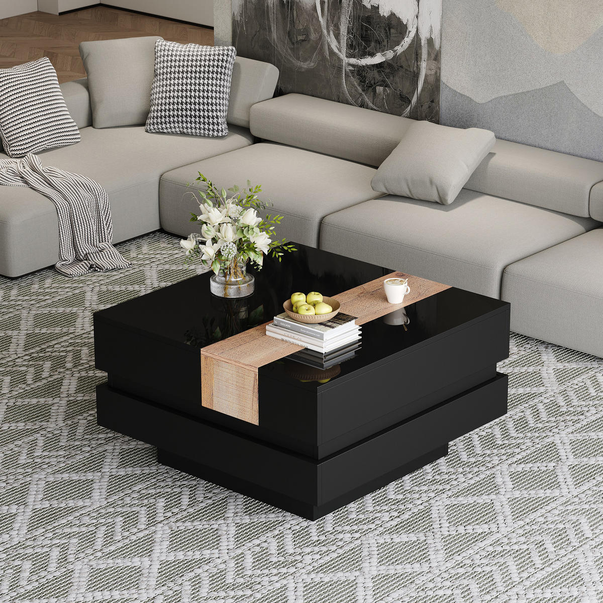 COUCHTISCH DE-182 Ausziehbar Schwarz - Schwarz, Holzwerkstoff (70/70/39cm) - ComfortXL