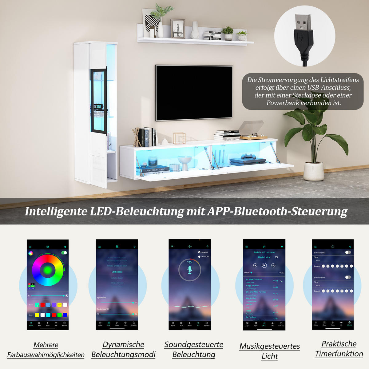 WOHNWAND-SET in Weiß mit LED Beleuchtung für Wohnzimmer, B180/T30/H130 cm - Weiß, Glas/Holzwerkstoff (180/30/33cm) - STILVORA