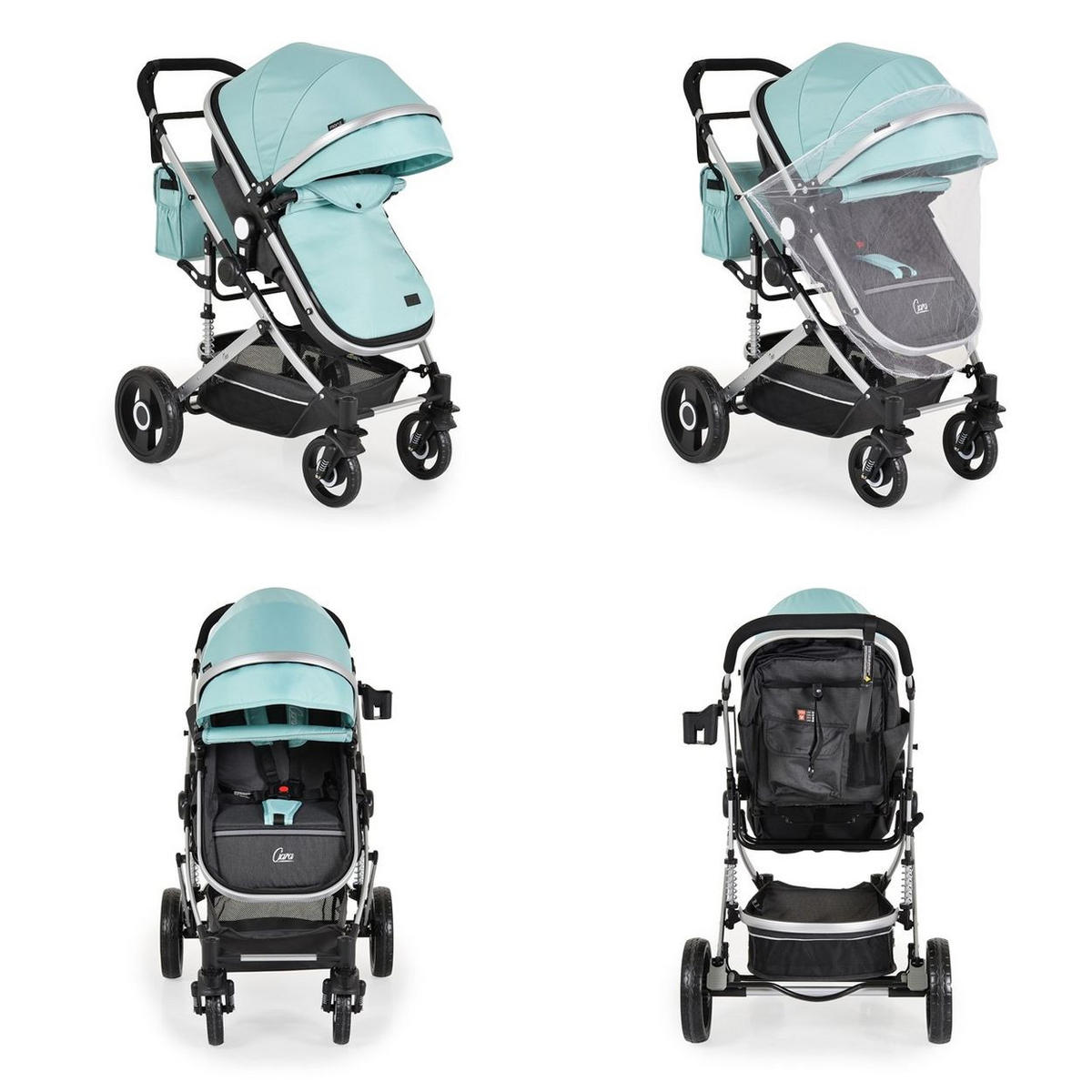 KINDERWAGEN Ciara blau schwarz Tragetasche Sportsitz Wickeltasche faltbar Sitz umkehrbar - Pastellblau, Metall (94/63/103cm) - Moni