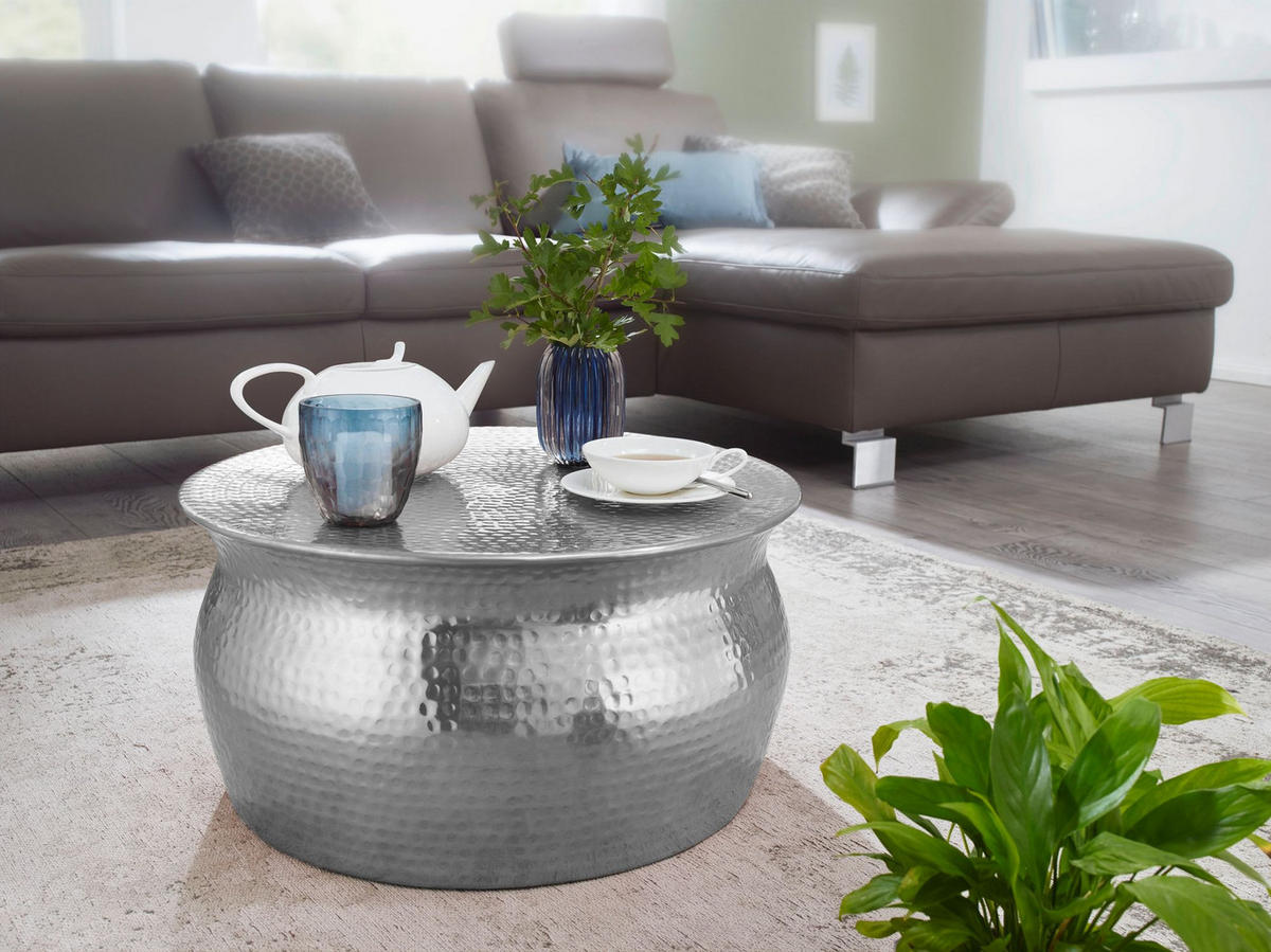 COUCHTISCH ENNS: Orientalisch, Hammerschlagstrukturen, Aluminium, Handgefertigt, Silber 60x60x30 cm - Silberfarben, Metall (60/60/30cm) - KADIMA DESIGN