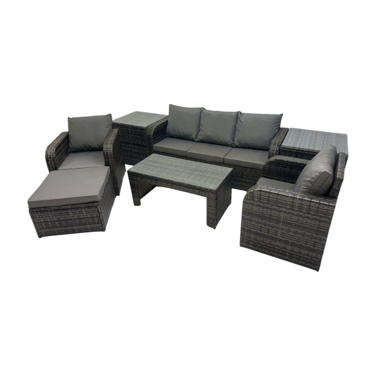 GARTENSOFA SET mit LIEGESTUHL Polyrattan 6-Sitzer Dunkelgrau - Dunkelgrau/Grau, Glas/Kunststoff - Fimous