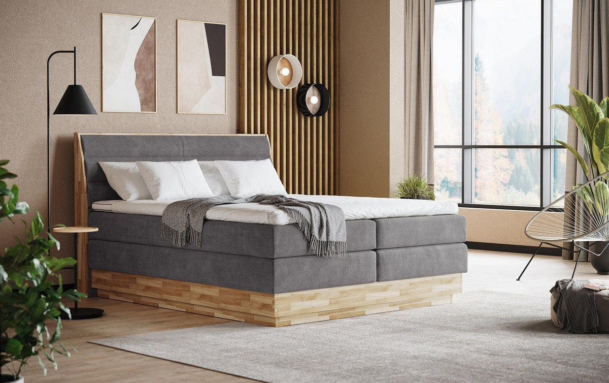 BOXSPRINGBETT 140/160/180x200 – inkl. Bettkasten, 7‑Zonen‑Taschenfederkern-Matratze und Topper - Anthrazit/Graphitfarben, Holz/Textil (180/200cm) - Cotta
