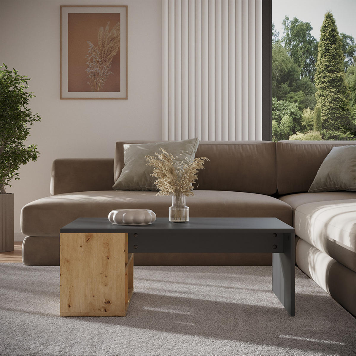 COUCHTISCH Danny Anthrazit/Artisan 90 x 60 cm mit Regalen - Anthrazit, Holzwerkstoff (60/90/33.6cm) - Vicco