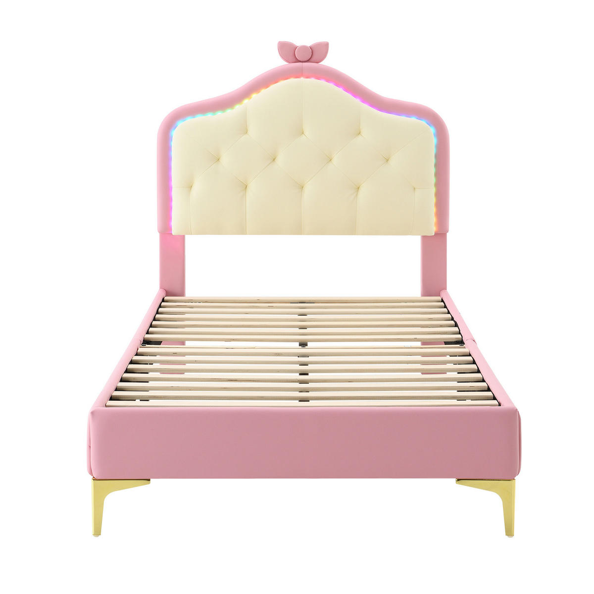POLSTERBETT 90/200 cm mit LED-Beleuchtung, Wellen-Kopfteil und Schleife aus PU, Rosa/Weiß - Weiß, Kunststoff (90/200cm) - Redom