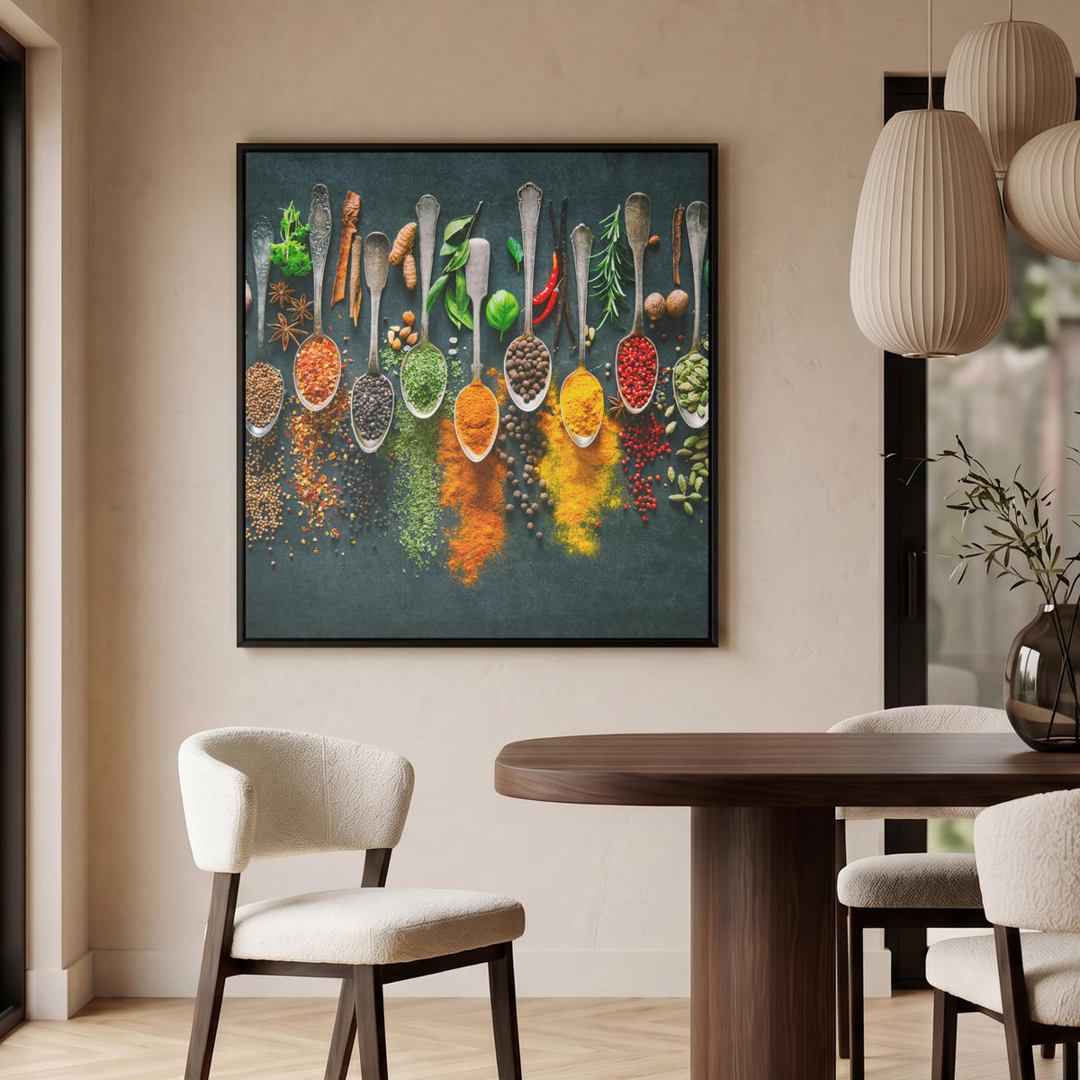 LEINWAND Bilder mit Rahmen - Kräuter - Gewürze - Löffel - 90x90 - Currygelb, Textil (90/90cm) - MuchoWow