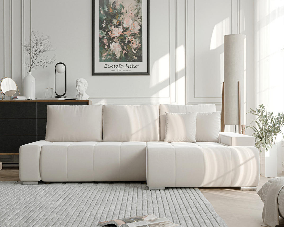 ECKSOFA NIKO Rechts, mit Schlaffunktion und Bettkasten, Creme - Creme, Textil (227/153cm) - Idohome