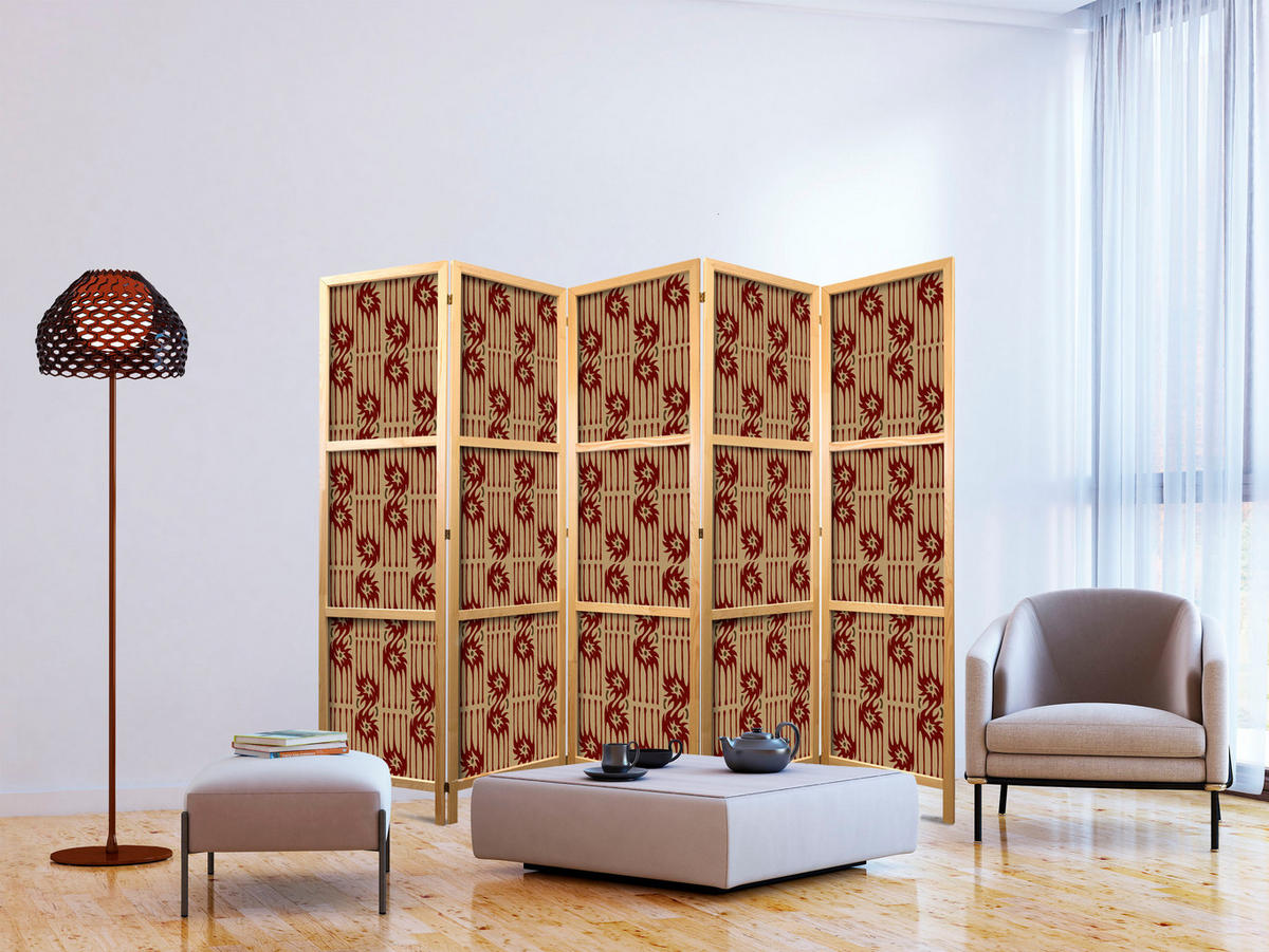 PARAVENT Japanischer 5-tlg 225x172 cm Retro Abstraktion - Braun, Holz/Textil (225/172/3cm) - Muralo
