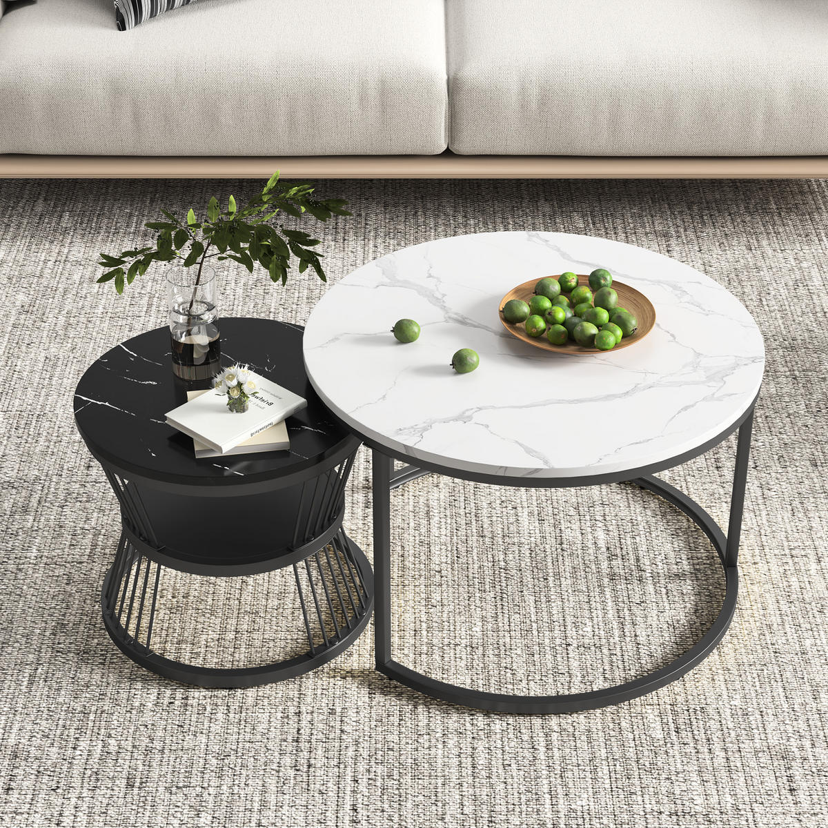 WOHNZIMMER tisch rund 2er Set, Couchtisch mit Marmoroptik für Wohnzimmer - Schwarz, Metall (70/70/45cm) - PARAFTA HOME