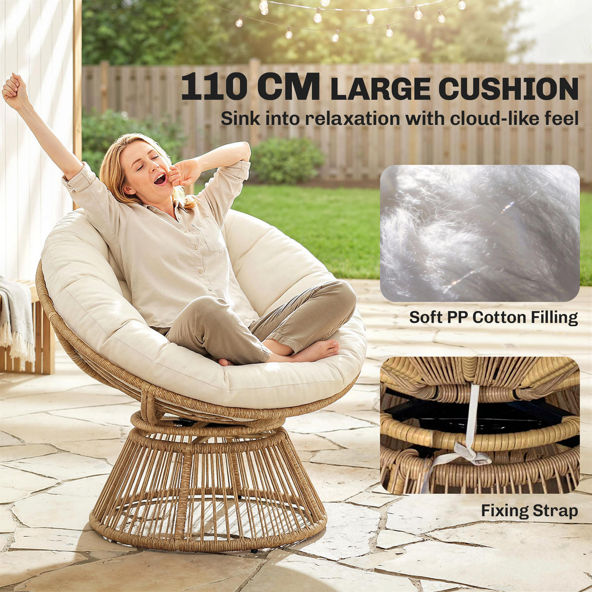 PAPASANSESSEL PE-Rattan Stahl Cremeweiß - Gelb/Creme, Kunststoff/Textil (81/87/93cm) - Outsunny