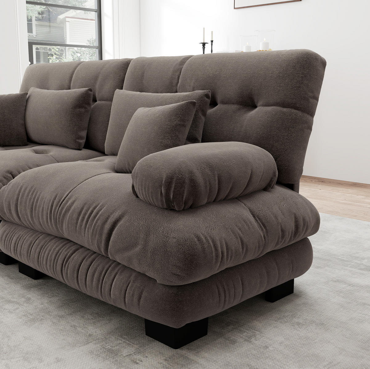 SOFA modular Chenille Brown mit Ottomane und Kissen - Dunkelgrau, Holzwerkstoff (145/220cm) - Meubliv